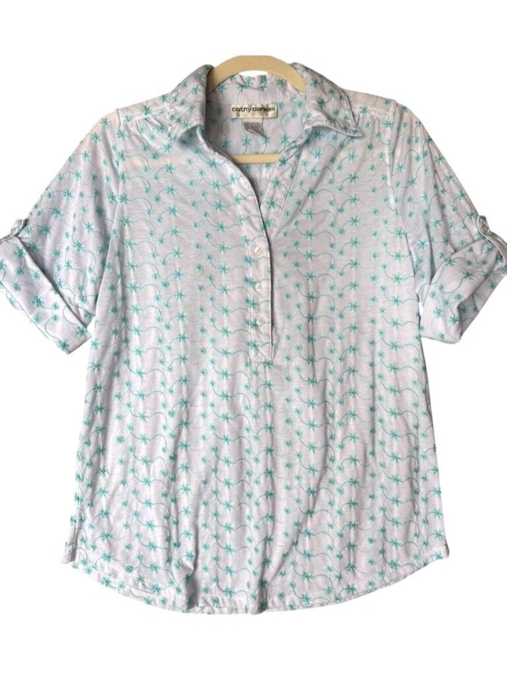 Cathy Daniels Womens Embroidered Button-Up Shirt S Turquoise Floral Pattern